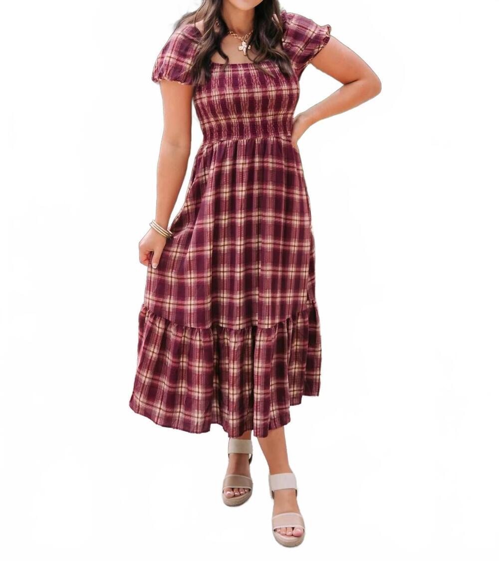 NEW BLU PEPPER smocked plaid midi dress in wine
